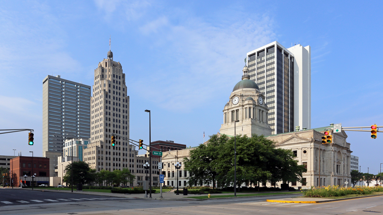 Intersection with skyline of Fort Wayne, Indiana.