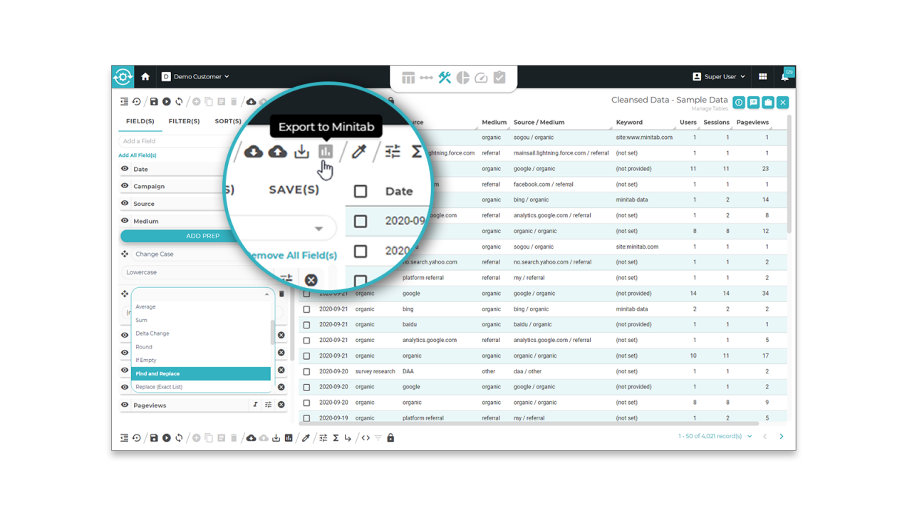  Export feature on Minitab Connect for easy data prep for data integration.