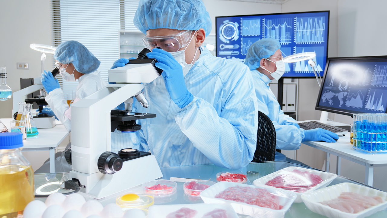Trois scientifiques d’un laboratoire alimentaire effectuant des tests de contamination et de sécurité des aliments à l’aide de microscopes et de logiciels informatiques.