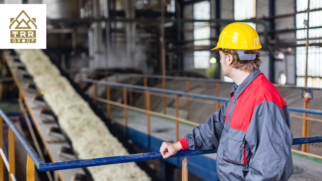 Engineer posing in the front of white sugar production line 
