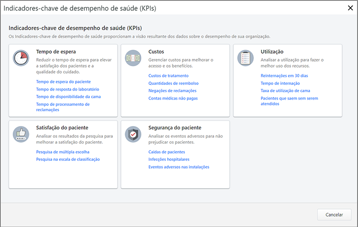 Caixa de diálogo de KPIs da Saúde